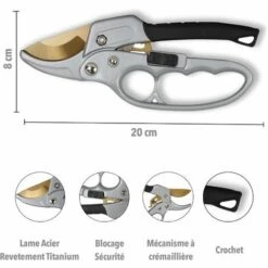 FISHTEC Sécateur à Crémaillère 20 CM - Lame En Titanium - Corps En Aluminium -Outil de taillage Soldes 33819601 4