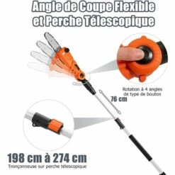 RELAX4LIFE Élagueuse Sur Perche Sans Fil 20V, Coupe-Branches 4,5 M/S Avec Manche Télescopique, Guide Et Chaîne 20 CM Tête Rotative, Frein Électronique, Elagueuse Sans Fil Pour Jardinage/Bricolage -Outil de taillage Soldes 60464612 4
