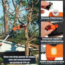 RELAX4LIFE Élagueuse Sur Perche Sans Fil 20V, Coupe-Branches 4,5 M/S Avec Manche Télescopique, Guide Et Chaîne 20 CM Tête Rotative, Frein Électronique, Elagueuse Sans Fil Pour Jardinage/Bricolage -Outil de taillage Soldes 60464612 5